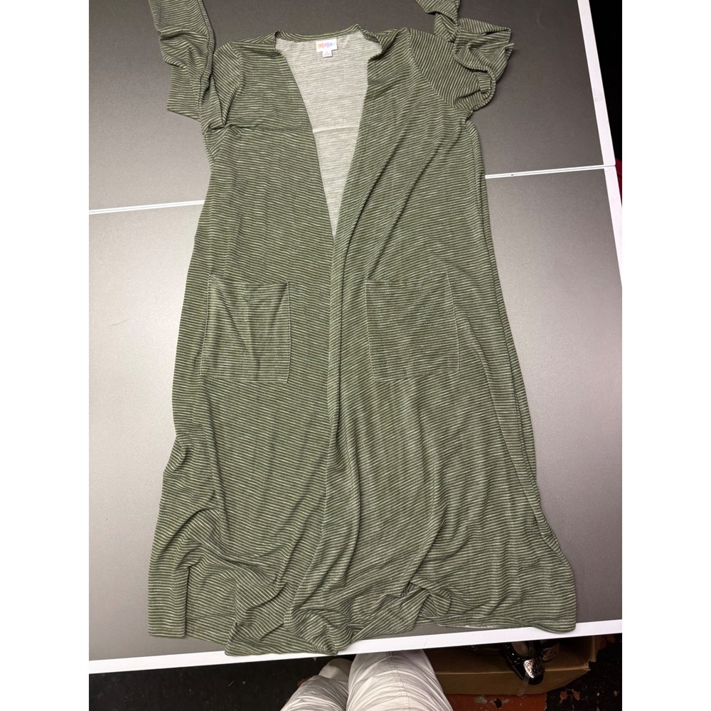 LuLaRoe Sarah Cardigan Small Olive Green White Striped Duster Open Front NWT